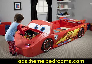 Children Cars Lightning Mcqueen Toddler-To-Twin Bed with Lights and Toy Box