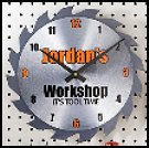 perfect accent for your favorite handyman's workshop, this unique clock is made from a cut-out press-board look-alike 10" circular saw with a brushed metal finish look. We personalize it with any name, up to 10 characters.