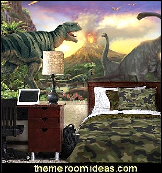 Dinosaur Jungle wall mural. Dinosaur theme bedroom decorating ideas. Delight your boy with the spirit and dreams of exciting dinosaurs traveling through Dino-land! The stimulating and attractive Jurassic Dinosaur and Dino Bones