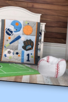 Sports Nursery Crib Bedding Set  wood panel wallpaper   Baseball beanbag    soccer play rug  