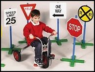 children's dramatic play with their favorite highway signs! 30" tall pole and sturdy non-tip, newly expanded base with adjustable sign height to accommodate all children. Weatherproof plastic base, pole and sign tops are perfect for outdoor play! Provides exciting, active playtime while teaching safety through sign recognition