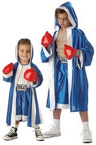 Your little prize fighter will float like a butterfly in this authentic Everlast costume. Includes a blue and white robe with attached hood, a white shirt with attached blue shorts and logo, and red hands free boxing gloves. As this prizefighter, your kid might knock neighbors off their feet with his �Trick-or-treat!� Costume includes bodysuit with built-in muscle chest, robe with Everlast logo, robe tie and �hands-free� gloves; his is an officially licensed Everlast World's Boxing Headquarters Corp.� costume.