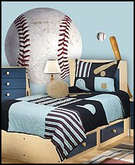 Your little athlete will love this baseball themed bedding set. This playful bedding ensemble creates a cheery motif for children's rooms. It features a baseball theme in navy and sky blue with red and beige accents. Decorating Tips: These baseball themed wall graphics will transform a room in minutes. They are so much easier to put up than wallpaper because you just peel them off the sheet and stick them on the wall. You can move them and reuse them anytime and they won't damage your wall. You can rearrange them any time for a new look. They also make a great complement to the Real.Big. Fathead of your favorite MLB player or team logo.  