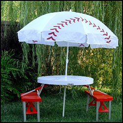 Baseball Folding Table with 4 seats that fold into the table top for compact design and carrying. Room for 4 Adults and includes a large Umbrella to keep you shaded in the hot sun. Take to the Baseball Game or on a Picnic. Great gift for the Baseball lover. 