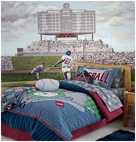 This baseball bedding never strikes out. The baseball theme of these bed coordinates will give your little slugger's room supercool style. He'll love the All-Star look of this Baseball bedding set.