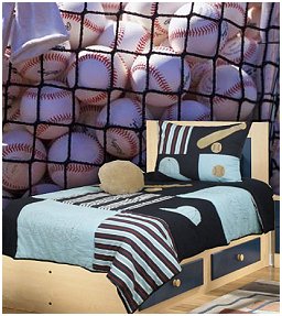 RizKidz Baseball Quilts - You will hit a home run with this colorful thematic bedding collection that is sure to satisfy the sports enthusiast in your home. A mixture of contrasting stripes and solids in cheerful shades of navy, aqua, red and white, this bedding also features custom appliqu� and a decorative baseball pillow.