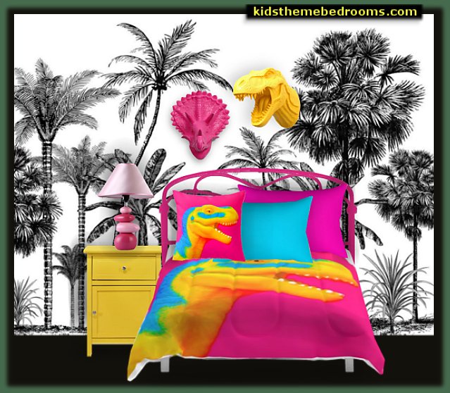 dinosaur jungle bedroom decorating ideas  Tropical Palm Banana Leaf Wall Mural   T-Rex Comforter  