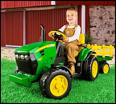 John Deere Ground Force ride-on tractor is designed to look just like a real John Deere tractor. This kids ride-on toy features Smart Pedal technology. It has a reverse speed and two forward speeds of 2.5 and 5 mph. The ride-on tractor for kids also has a built-in FM radio and a large side wagon that can be loaded with toys or other cargo. The battery-powered ride-on has an adjustable seat and a pair of arm rests for comfort. The John Deere Ground Force ride-on tractor also features has knobby high traction tires and operates on a 12-volt battery that is included. This motorized toy tractor has a weight capacity of 85 pounds and is suitable for children between the ages of two and five.