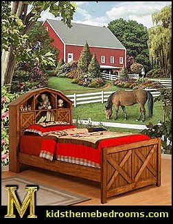Barn Style Bookcase Headboard. Blending the traditional simplicity of Stagecoach design with the Wild West touches of function and fun, the Dakota "Dark Rustic Pine" Twin Size Barn Style Bookcase Headboard is perfect for any room. The Headboard is shaped as a barn with a washed red roof and there are two "X" panel doors and four open cubbies. Treasure every moment as you give your place a treat with this piece. Rustic Farm theme bedroom furniture - Barn Style Bookcase Headboard