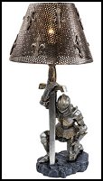 Giving thanks for survival after another battle, a weary warrior in full armor bows on bended knee beneath a pierced metal shade embellished with fleur-de-lis. This incredible, two-tone sculptural lamp is a Toscano catalog exclusive cast in quality designer resin that adds historic sophistication to any dcor. 